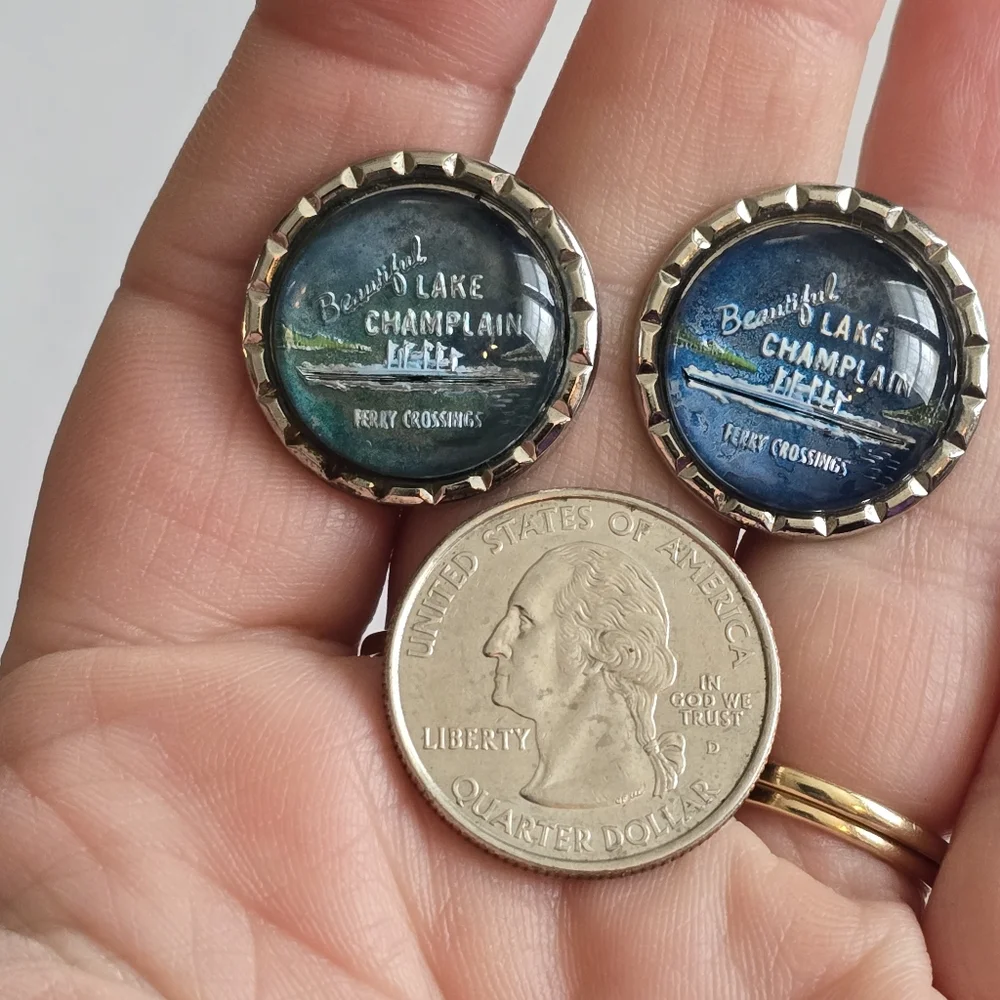Vintage cuff links Lake Champlain Ferry Crossings silver tone bubble dome
